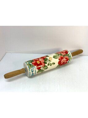 Pioneer Woman Rolling Pin Retired Vintage Flower Pattern Ceramic Wooden Handles